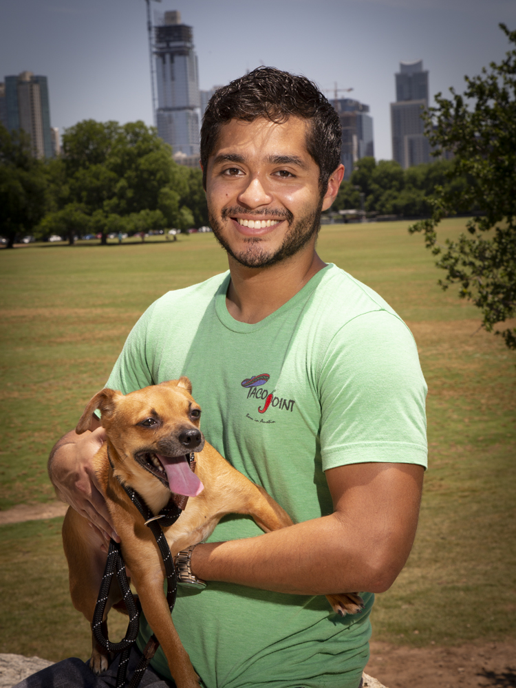 Professional head shot of Christian and dog at Zilker