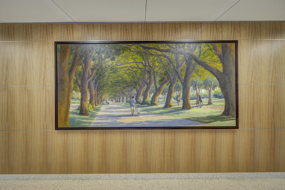 Laurel Daniel installation of "Tunnel of Trees" at Memorial Hospital Houston elevation shot photographed by Johnny Stevens Austin architectural photographer