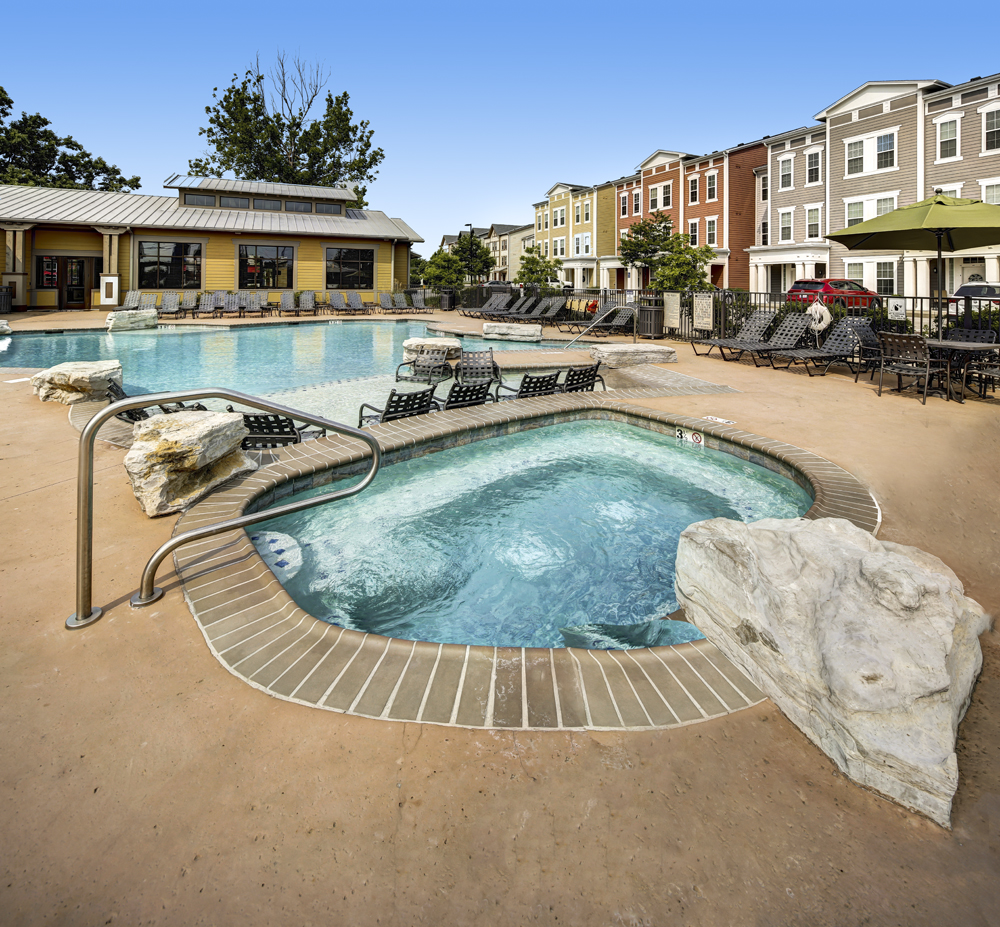 photographing student housing ground photo from tripod of the pool at Townhomes at newtowne in Lexington